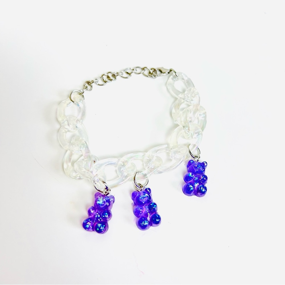 NWT Iridescent Clear Holographic Chain Block Purple Sparkle Gummy Bear Bracelet - Picture 2 of 7